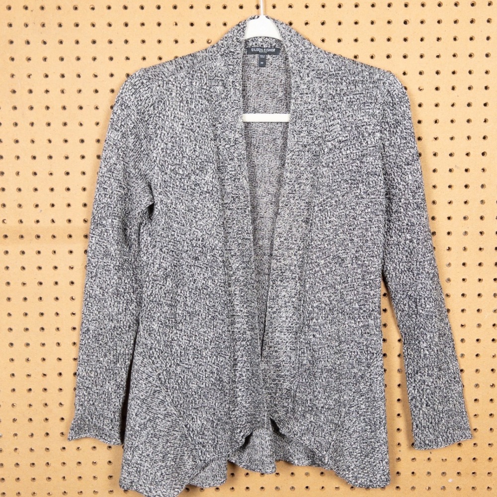 Eileen Fisher Petite Linen Wool Marled Knit Open Front Cardigan Black White PP